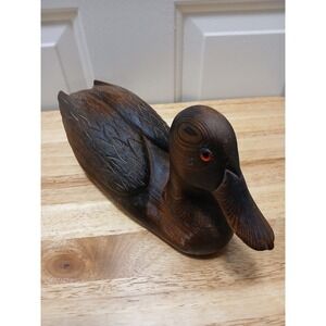 Carved Wooden Duck with Red Glass Eyes Handmade Vintage Decoy Home Decor
